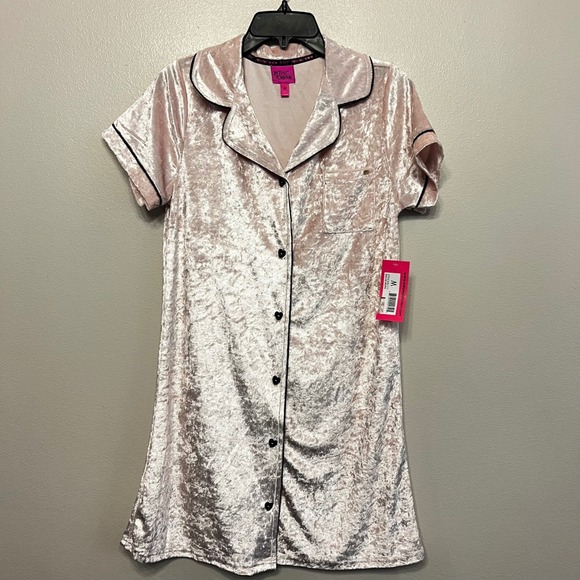 Betsey Johnson Other - Betsey Johnson Pink Crushed Velvet Sleep Shirt Heart Buttons NWT Medium